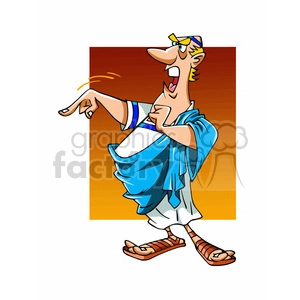 The image is a cartoon illustration of a character styled as a Roman senator or politician. The character is depicted with exaggerated features, typical of animated or comic representations. He is wearing a toga with blue and white colors, sandals, and has a laurel wreath on his head; he is gesticulating as if speaking or arguing passionately.
