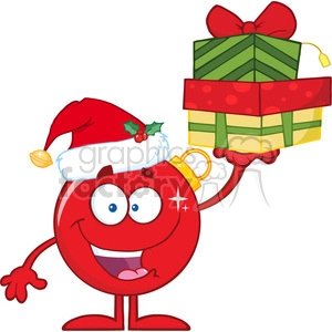 Happy Red Christmas Ball Cartoon Character Holding Up A Stack Of Gifts