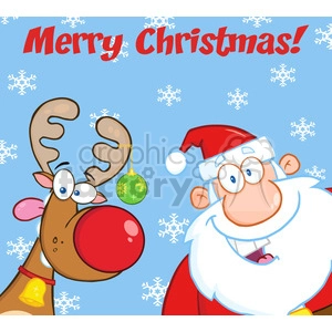Royalty Free RF Clipart Illustration Merry Christmas Greeting With Reindeer And Santa Claus