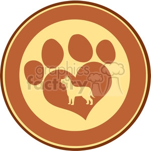 The image is a stylized representation of a circular emblem that features a large paw print design with pads. Inside the largest pad, which is heart-shaped, there is the silhouette of a dog. The color scheme is monochromatic, with shades of brown providing contrast between the elements.