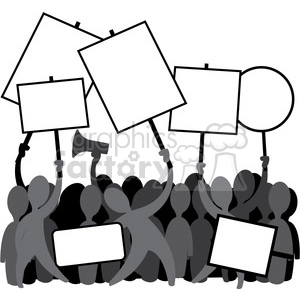 The image depicts a stylized illustration of a group of people protesting. They are shown in silhouette, with various individuals holding up blank signs of different shapes such as rectangular, square, and circular, which can be used to later add messages or slogans. One individual in the center appears to be holding a megaphone, indicating they might be leading a chant or speaking to the crowd. The signs being blank suggests that this clipart can be customized for different protest themes or messages.