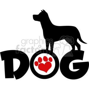 Royalty Free RF Clipart Illustration Dog Black Silhouette Over Text With Red Love Paw Print Vector Illustration Isolated On White Background