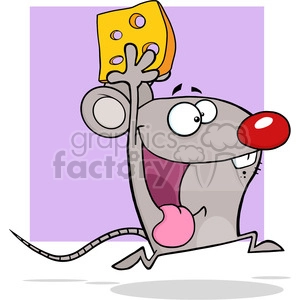 This clipart image depicts a cartoon mouse standing on its hind legs, with a big, exaggerated smile and a comically large red nose. The mouse is holding a piece of yellow Swiss cheese above its head with both hands. The background is a simple purple color, and the overall style is whimsical and lighthearted, typical of humorous illustrations intended for a broad audience, including children.