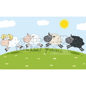 The clipart image shows a whimsical scene with four cartoon sheep jumping over a green hill. Three of the sheep are white, with one of them sporting yellow spiraled horns, while the fourth sheep is black. They all have exaggerated, funny facial expressions and are drawn with a simplistic, child-friendly style. Each sheep seems to be suspended in mid-air as they leap, contributing to the playful and humorous vibe of the image. The sky is blue with a few white clouds and a bright yellow sun.