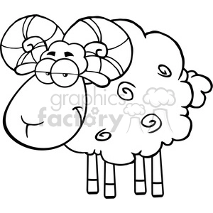 Royalty Free RF Clipart Illustration Black And White Cute Ram Sheep Cartoon Mascot Character