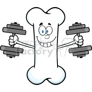 The image depicts a cartoon bone character with human-like features, such as eyes and a mouth, lifting weights. It's illustrated in a humorous style, with the bone character having arms and holding a dumbbell in each hand, suggesting strength and physical fitness.