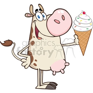 The image is a humorous cartoon of a cow holding an ice cream cone. The cow has a large, exaggerated snout, big blue eyes, a spotted body, and is standing upright on two legs. It appears to be happy or excited, as indicated by its wide-eyed expression and open mouth.
