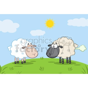 This clipart image features two cartoon sheep standing on a grassy hill under a blue sky with white clouds and a yellow sun. One sheep has a white fleece and a beige face, and the other has a black fleece and a black face. The black sheep is humorously depicted emitting a small green puff of gas from its rear, suggesting it is passing gas or farting.