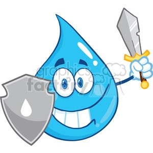 Royalty Free RF Clipart Illustration Water Drop Cartoon Mascot Guarder With Shield And Sword