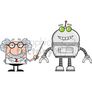 Royalty Free RF Clipart Illustration Funny Scientist Or Professor Shows His Pointer A Big Robot