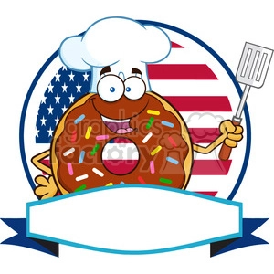 8693 Royalty Free RF Clipart Illustration Chocolate Chef Donut Cartoon Character With Sprinkles Over A Circle Blank Label In Front Of Flag Of USA Vector Illustration Isolated On White