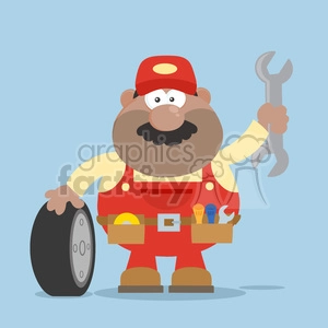 8560 Royalty Free RF Clipart Illustration Smiling African American Mechanic Cartoon Character With Tire And Huge Wrench Flat Style Vector Illustration With Background