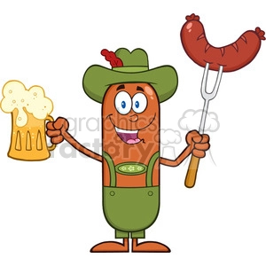 German Oktoberfest Sausage Cartoon Holding A Beer And Weenie On A Fork