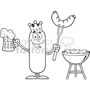 8474 Royalty Free RF Clipart Illustration Black And White Happy King Sausage Cartoon Character Holding A Beer And Weenie Next To BBQ Vector Illustration Isolated On White