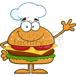 8572 Royalty Free RF Clipart Illustration Smiling Chef Hamburger Cartoon Character Waving Vector Illustration Isolated On White 01