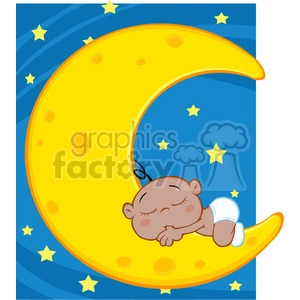 Royalty Free RF Clipart Illustration Cute African American Baby Boy Sleeps On Moon Cartoon Character Over Blue Sky With Stars