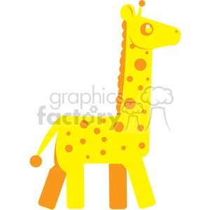 This clipart image features a stylized illustration of a giraffe. The giraffe is predominantly yellow with orange spots and hooves, and it has a long neck, a tufted tail, and a smiling face with one visible ear and an antenna-like horn.