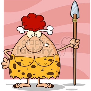 The clipart image features a cartoon cavewoman. She has a large, round body with a tan complexion, covered only by a yellow dress with brown spots, reminiscent of a prehistoric outfit. Her hair is styled in a red bouffant that has two white bones crossed through it. Her face shows a somewhat blank expression with large, round eyes and a prominent, rounded nose. She is holding a spear with a gray stone tip in one hand, suggesting she might be a huntress or warrior. Her posture is slightly slouched, and she has one hand resting on her hip.