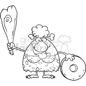 black and white happy cave woman cartoon mascot character holding a club and showing whell vector illustration