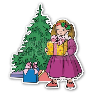 girl with christmas gift sticker