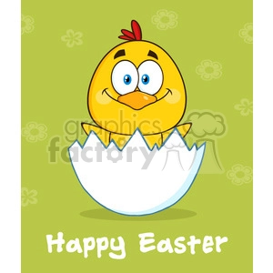The image is a cartoon-style illustration of a yellow chick with large blue eyes and a small red comb on its head, partially hatched out of an egg. The chick is smiling and appears happy. The eggshell is cracked and the chick sits in the bottom half, while the top half is slightly visible behind it. The background is green with a pattern of lighter green flowers. At the bottom of the image, the phrase Happy Easter is written in a playful white font.
