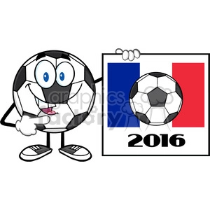 The clipart image features an anthropomorphized soccer ball with eyes, mouth, and limbs. The soccer ball character is standing on the left, pointing with its hand to a poster on the right. The poster shows the year 2016 at the bottom, with a large soccer ball on its top right corner, and the French flag (blue, white, and red vertical stripes) displayed prominently in the background. This suggests a reference to an event related to soccer that took place in France in 2016, possibly the UEFA European Championship (Euro 2016).