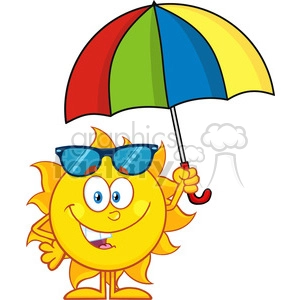 The image depicts an anthropomorphic sun character with a friendly face, wearing a pair of blue sunglasses, and holding a red, yellow, green, and blue umbrella. The sun has a big grin and appears to be in a cheerful mood, standing upright on two feet with its hands on its hips.