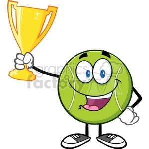 happy tennis ball cartoon character holding a trophy cup vector illustration isolated on white