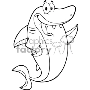 This clipart image features a comical and friendly-looking shark character. The shark is illustrated in a cartoonish style with exaggerated features, including a large smile with visible teeth, wide eyes, and a rounded body. The shark's fins are visible and its tail curves around its body, adding to the playful nature of the drawing.