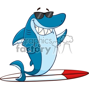 The clipart image depicts a stylized cartoon shark standing upright on a surfboard. The shark is blue with a white belly, has a big, cheerful grin displaying sharp teeth, and is wearing black sunglasses. The surfboard is red at the front tip and gradually transitions to white, with a blue band separating the colors. The shark is depicted as a friendly and cool character typically used as a mascot or in humorous contexts.