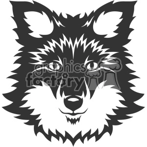 The image is a black and white vector clipart featuring the stylized head of a wolf. Key characteristics include the pointed ears, sharp gaze, and striking contrasts between the dark and light areas which are used to define the wolf's facial features and fur texture.