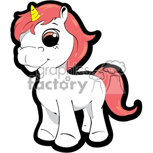 The image shows a stylized, cartoon-like illustration of a fantasy creature resembling a young horse, commonly known as a pony, with a whimsical and friendly appearance. The creature has a white body, with a red mane and tail, and a golden yellow horn on its head, indicating that it is a unicorn. The pony also features large, expressive eyes and a playful smile.