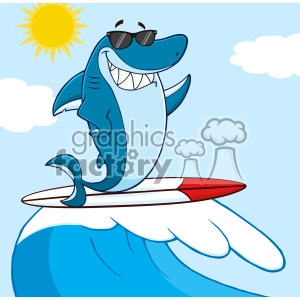 This clipart image features a cartoon-style illustration of a happy, smiling shark wearing sunglasses and surfing on a wave. The shark has a blue top with a white belly and appears to be enjoying itself on a red and white surfboard. The background includes a clear blue sky, a few clouds, and a bright yellow sun.