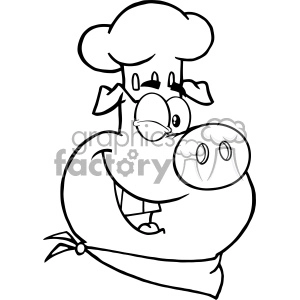 10727 Royalty Free RF Clipart Black And White Winking Chef Pig Cartoon Mascot Character Vector Illustration