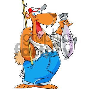 The clipart image depicts a cartoon bear standing upright wearing a sleeveless white shirt, blue overalls, and a red and white cap. The bear holds a fishing rod in one hand and a large fish, seemingly a salmon, in the other. The bear has a happy expression on its face, and the image conveys a fun and light-hearted tone often associated with recreational fishing activities.