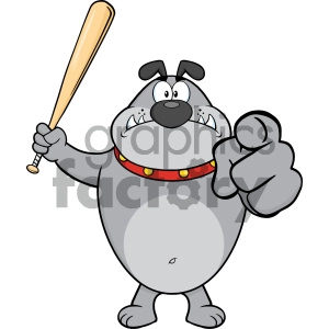 The image is a clipart of an anthropomorphic bulldog standing upright and holding a baseball bat in one hand. The bulldog appears angry or threatening, with exaggerated features like large eyes, raised eyebrows, pointed teeth, and a scowling expression. It's wearing a collar with what appears to be studs or decorations on it. The baseball bat is being held over the shoulder in a manner that is often associated with intimidation or readiness for a confrontation.