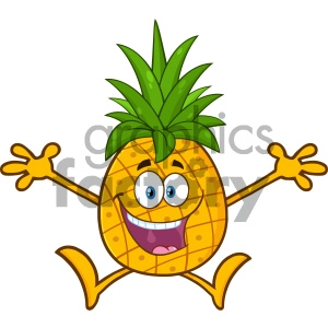 Royalty Free RF Clipart Illustration Happy Pineapple Fruit With Green Leafs Cartoon Mascot Character With Open Arms Jumping Vector Illustration Isolated On White Background