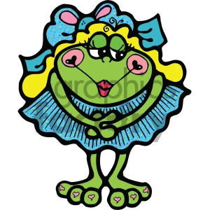 The image is a colorful clipart illustration of a cartoon frog. The frog has a feminine appearance, with large eyes that include eyelashes, a bow and flowers in the hair, and is wearing a frilly collar. The color scheme includes green for the body, yellow highlights, and blue and pink accents on the bow, flowers, and collar. The frog also has pink hearts on its knees and is standing in a playful pose with its hands clasped together.