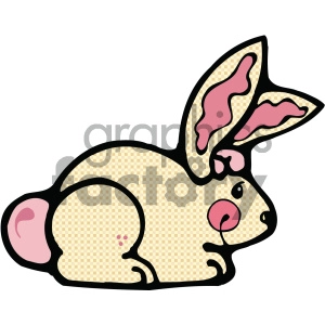 The image shows a cute illustration of a cartoon rabbit or bunny. The bunny appears to have a beige body with a light checkerboard pattern, outlined in black. It has prominent black-lined ears with pink inner details, a pink nose, a small pink area within the large ear, and what seems to be a hint of a pink blush on its cheek. There's also a small pink detail suggesting a paw or limb. The bunny is depicted in a side profile looking to the right, with one of its ears flopped over forwards.