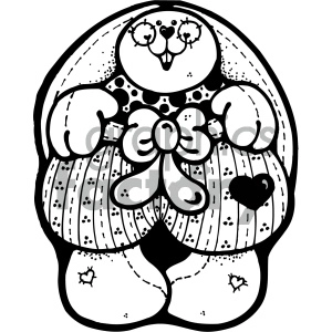 The image is a black and white clipart of a round, stylized, animal-like figure, likely intended to represent a rabbit or bunny due to the presence of characteristic long ears and features resembling a rabbit's face. The figure is adorned with various patterns, including stripes and dots, and has a bow at the center of its body. There's also a heart shape on its belly.
