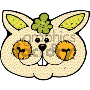 This clipart image shows a stylized illustration of a rabbit's face. The rabbit has patterned ears with green and yellow dots, a green clover on its forehead, large golden eyes with black pupils in the shape of plant sprouts, a cute nose, and a smiling mouth with a prominent front teeth.