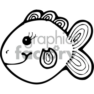 The clipart image depicts a stylized, cartoonish fish with prominent features such as a large eye, lips, and exaggerated fins. The fish has a friendly and whimsical appearance, with simple, bold lines suitable for a variety of artistic and educational applications.