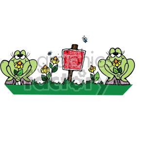 This clipart image features two whimsical frogs with big eyes, sitting on a stretch of grass. Each frog is holding a yellow flower close to their nose as if they are smelling it. The flowers resemble daffodils. In between the frogs, there is a wooden signpost with a red sign that reads, Don't Forget To Smell The Flowers! with stylized lettering. There are a few more of these yellow flowers spread on the grass around them and a couple of flying insects are doodled in the sky above.