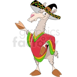 This clipart image features a cartoon llama wearing a colorful sombrero and a poncho. The llama appears to be standing upright on its hind legs and has a playful expression on its face with its tongue sticking out. The sombrero is black with green and yellow patterns and pink zigzags, while the poncho showcases bright red, green, yellow, and orange colors.