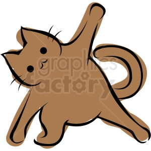 The clipart image displays a cartoon cat in a playful or yoga-like pose, with one paw stretched upwards and its body curved in the opposite direction. The cat appears to be in motion, potentially imitating a stretching or yoga position.