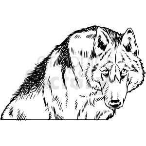 The image is a black and white clipart of a wolf. It depicts the wolf's head and the upper part of its body with notable detailing in the fur texture.