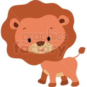 The clipart image shows a stylized cartoon of a friendly-looking lion. The lion is depicted with a large mane, a smile on its face, and a tufted tail.