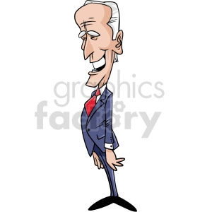 The image depicts a caricature styled graphic of Joe Biden, with prominent facial features, such as a distinct nose and a smile. The figure is dressed in a suit with a red tie, indicating a formal or professional setting often associated with politicians or businesspersons.
