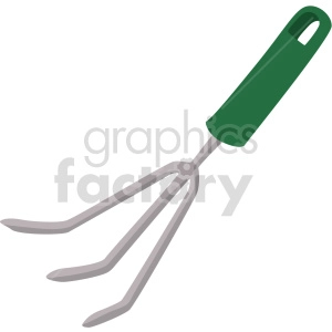 The image shows a garden hand fork, which is a tool used for gardening. It has a green handle and several metal prongs.