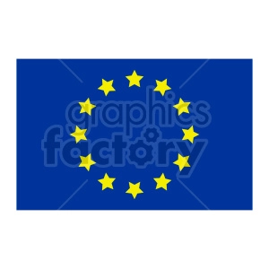 The image shows a blue rectangular flag with a circle of twelve golden yellow stars in the center. The stars are positioned in a circle to represent unity and harmony among the peoples of Europe, and this flag is commonly recognized as the flag of the European Union.